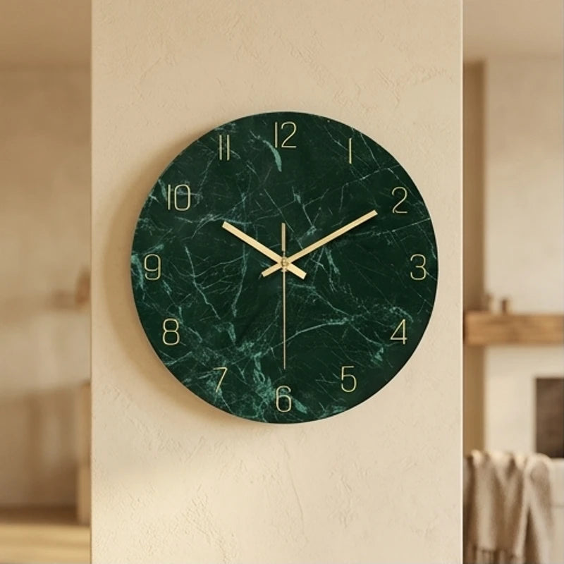Green tempered glass wall clock with gold hands and numbers.