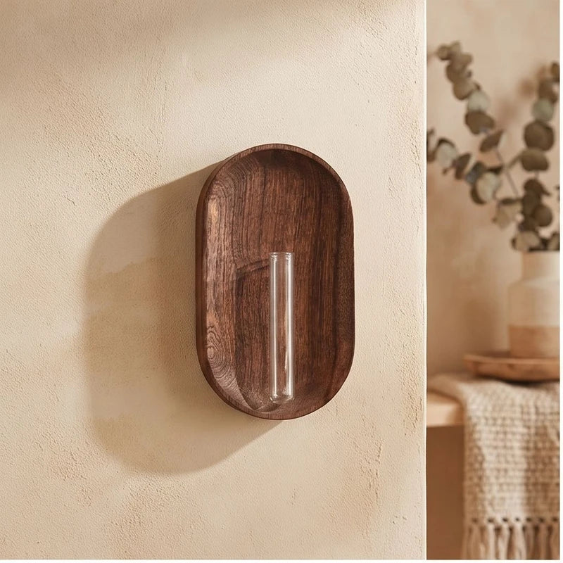 Long - Small wood vase styled in a warm home setting