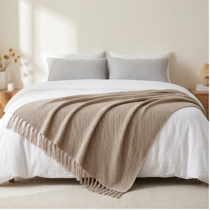 Khaki Ashlar Knitted Throw Blanket with Tassels lifestyle photo