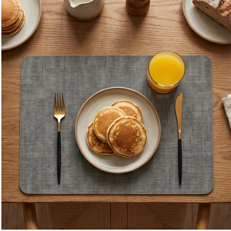 Dark Gray Dual-Sided PU Canvas Texture Placemat,Waterproof Heatproof 43x30cm Non-Slip Dining Table Mat,Washable for Home and Hotel Use lifestyle photo - 2