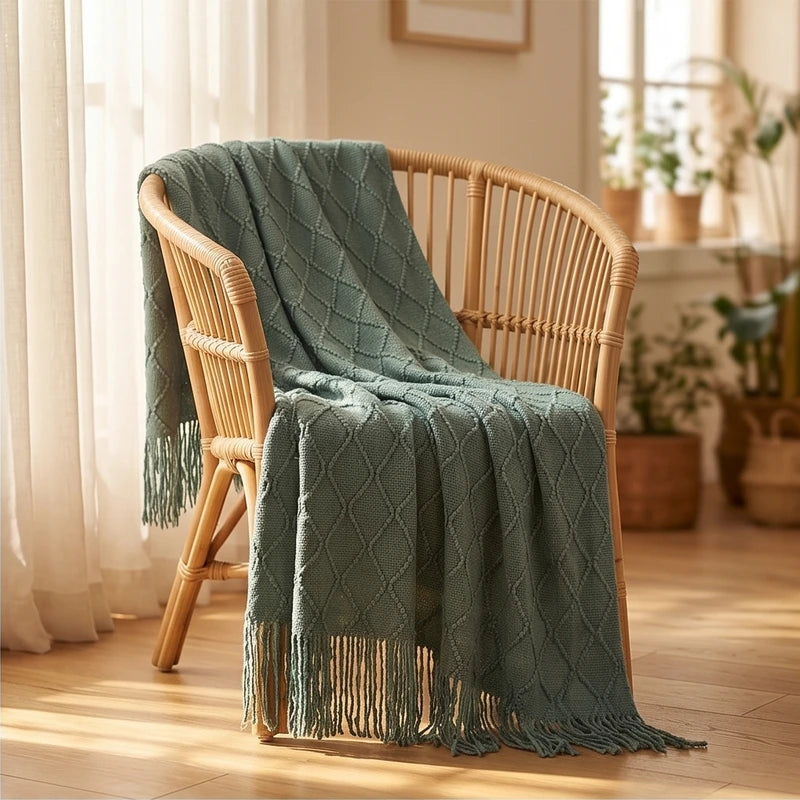 Green Ridley Knitted Throw Blanket with Tassels lifestyle photo - 2