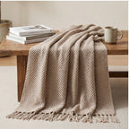 Khaki Ashlar Knitted Throw Blanket with Tassels lifestyle photo - 3