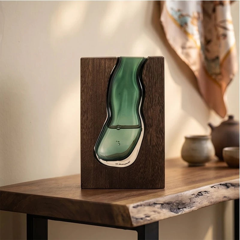 log cabin New Chinese Style Solid Wood Glass Vase Home Designer Decoration Home Hotel Decoration High-end Soft Decoration Glass Wooden lifestyle photo - 3