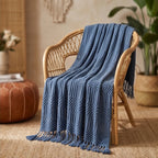 Navy Ridley Knitted Throw Blanket with Tassels lifestyle photo - 2