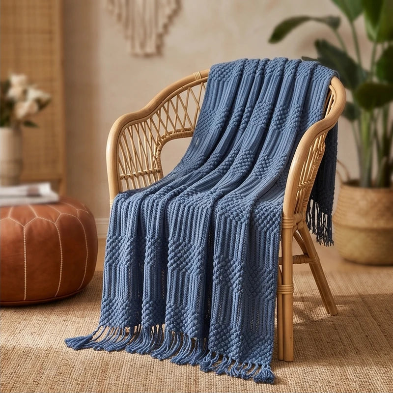 Navy Ridley Knitted Throw Blanket with Tassels lifestyle photo - 2