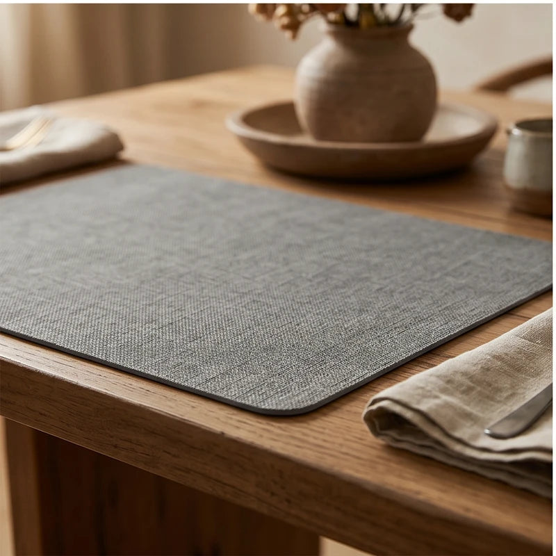 Dark Gray Dual-Sided PU Canvas Texture Placemat,Waterproof Heatproof 43x30cm Non-Slip Dining Table Mat,Washable for Home and Hotel Use lifestyle photo - 3