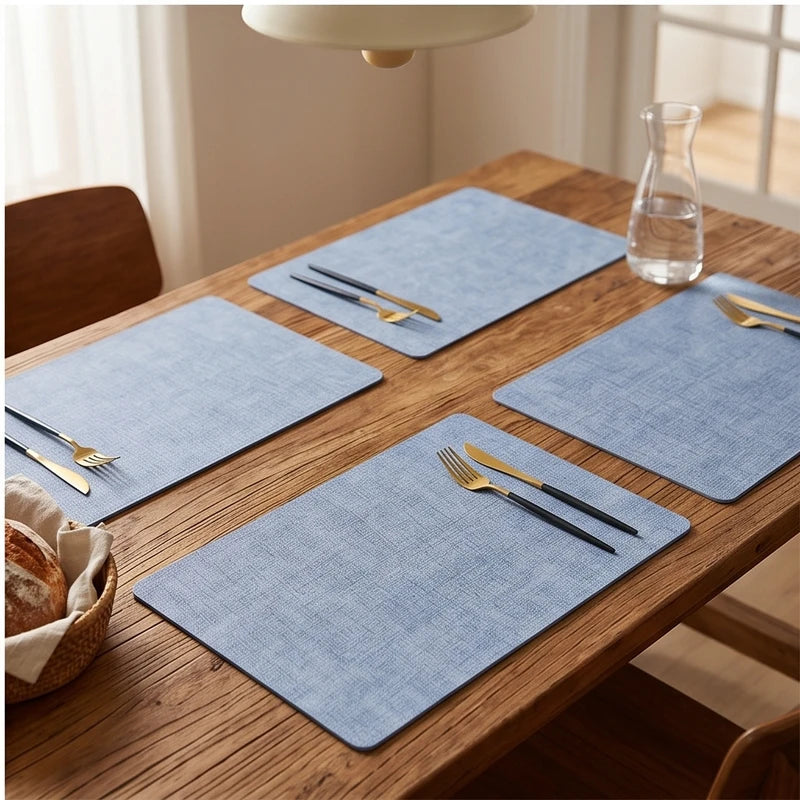Blue Dual-Sided PU Canvas Texture Placemat,Waterproof Heatproof 43x30cm Non-Slip Dining Table Mat,Washable for Home and Hotel Use lifestyle photo - 3