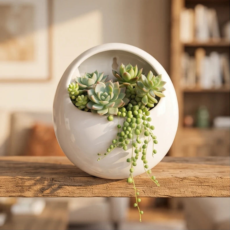 White ceramic planter styled in a warm home setting