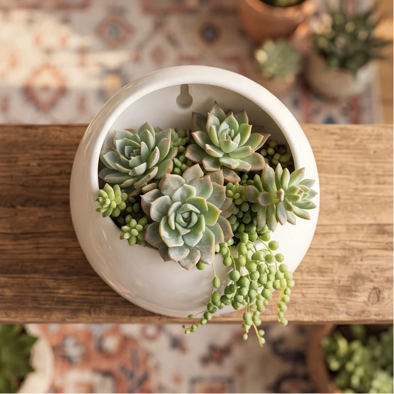 White ceramic planter styled in a warm home setting - 4