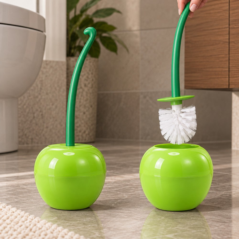 Woman's hand holds a green toilet brush with white bristles, poised above a matching bright green apple-shaped holder.
