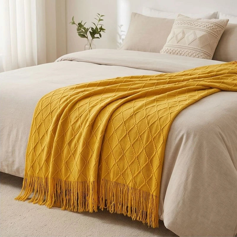 Yellow Ridley Knitted Throw Blanket with Tassels lifestyle photo - 2