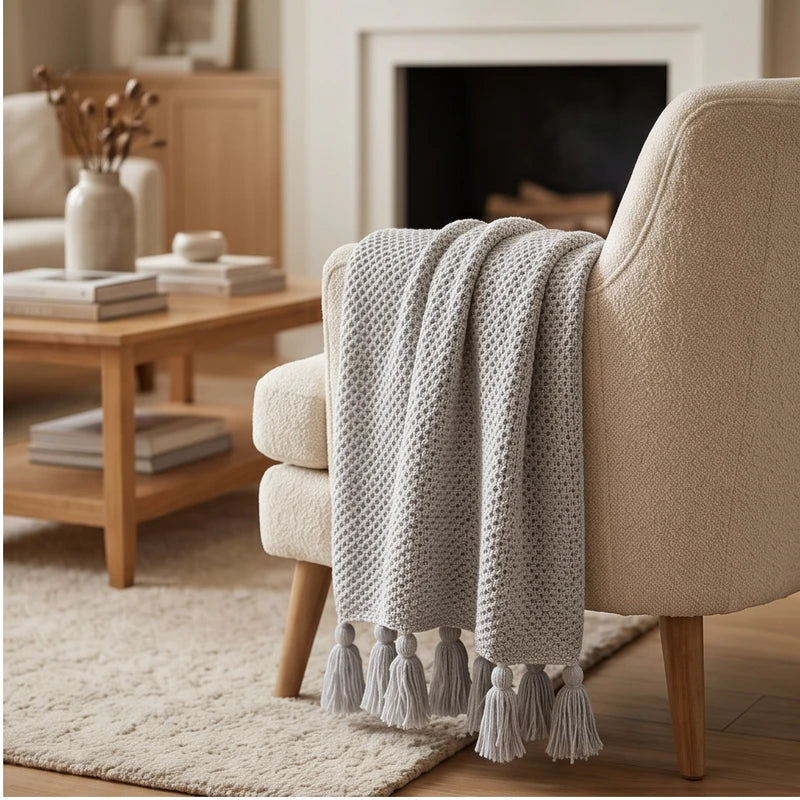 Gray Ashlar Knitted Throw Blanket with Tassels lifestyle photo - 2