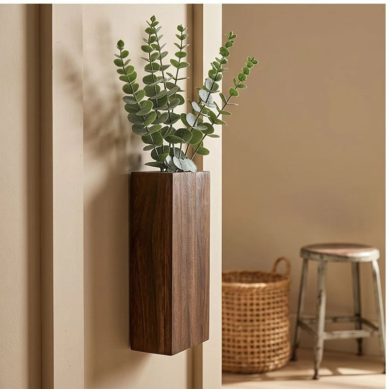 1 pcs coffee Wood Wall Planter for Greenery and Dried Flowers, Indoor Wood Hanging Vase, Modern Farmhouse Wall Decor for Living Room Bedroom lifestyle photo - 3