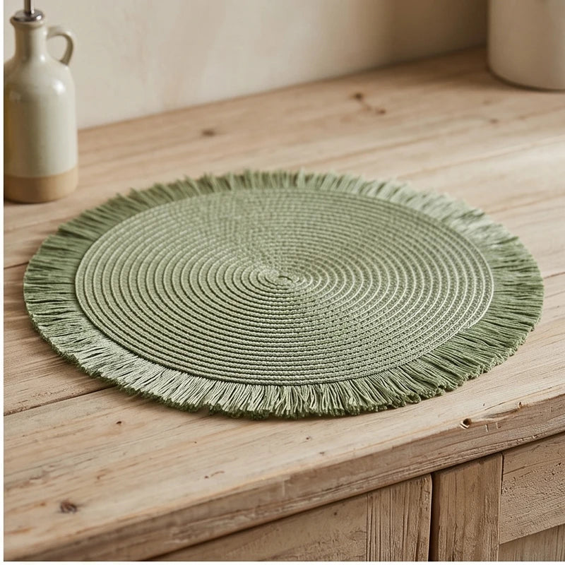 Green Woven Placemats Woven Tassel Placemat for Kitchen Dining Heat Resistant Braided Round Table Mats with Non-slip Minimalist Style lifestyle photo - 2