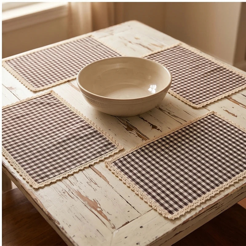 Coffee BUYNOW 4PCS Gingham Lace Trim Placemats Set Dining Vintage Style Table Mats Coasters for Modern Kitchen Durable Restaurant Decor lifestyle photo - 3