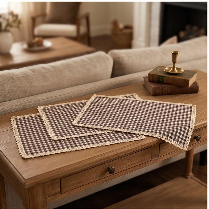 Coffee BUYNOW 4PCS Gingham Lace Trim Placemats Set Dining Vintage Style Table Mats Coasters for Modern Kitchen Durable Restaurant Decor lifestyle photo - 2