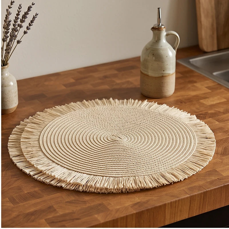 Beige Woven Placemats Woven Tassel Placemat for Kitchen Dining Heat Resistant Braided Round Table Mats with Non-slip Minimalist Style lifestyle photo - 2