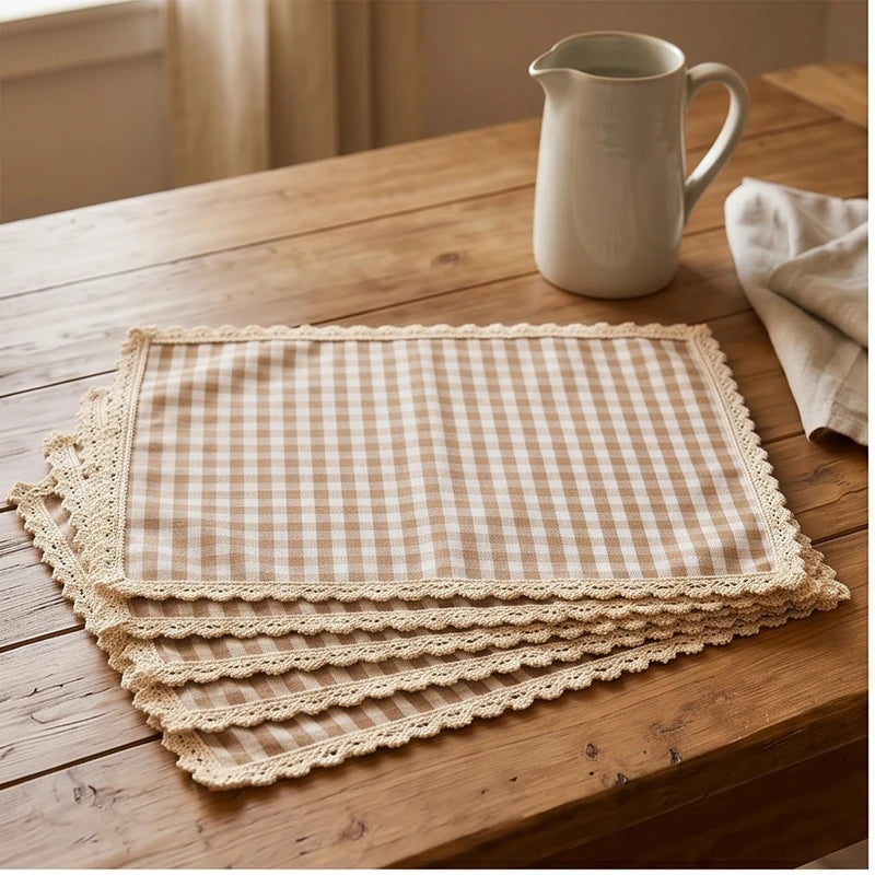 Beige BUYNOW 4PCS Gingham Lace Trim Placemats Set Dining Vintage Style Table Mats Coasters for Modern Kitchen Durable Restaurant Decor lifestyle photo
