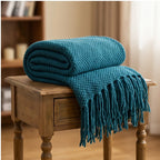 Navy Ashlar Knitted Throw Blanket with Tassels lifestyle photo - 4