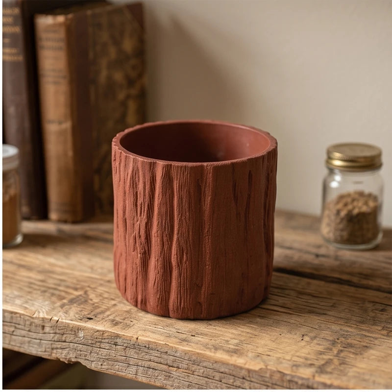 Brown 7CM tall Green Plant Small Flower POTS, Mini Flower POTS Imitating Tree Bark, Exquisite Household Flower POTS lifestyle photo - 2