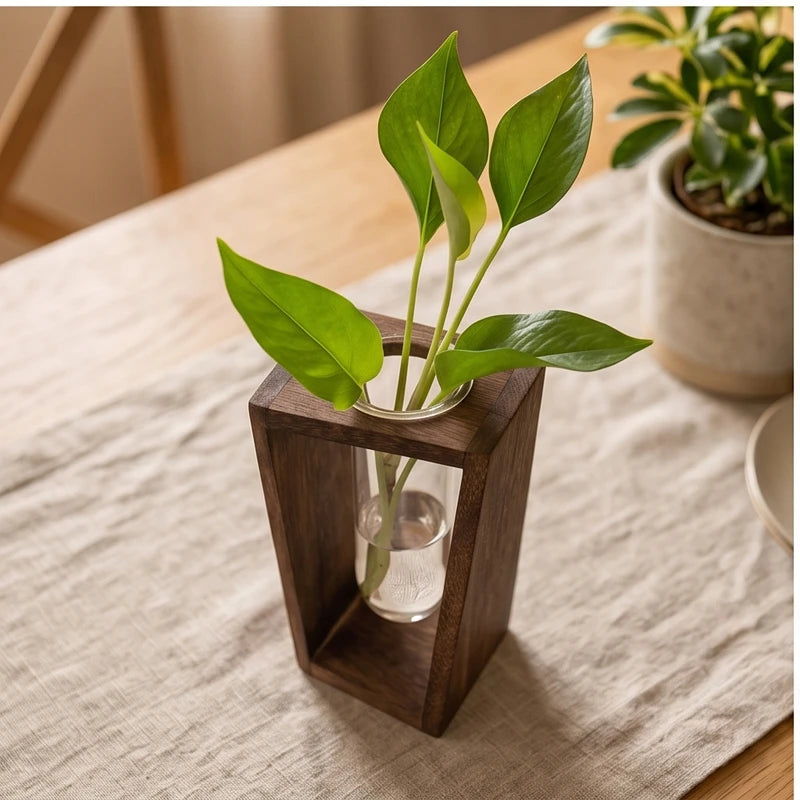 Retro color Modern Wood Propagation Vase - Minimalist Hydroponic Planter for Home & Office Decor lifestyle photo - 3