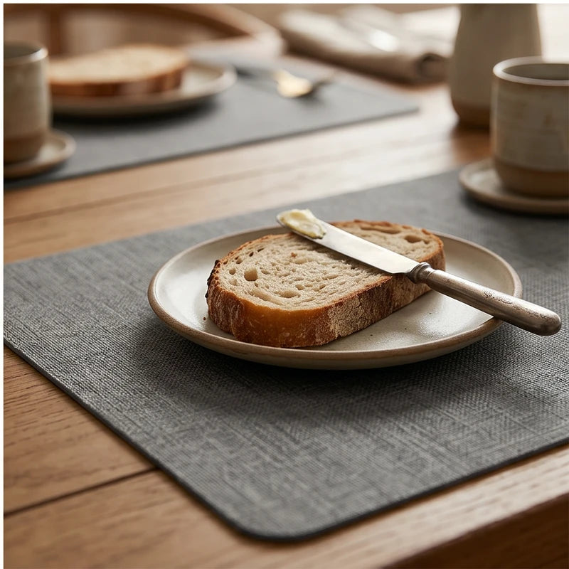 Dark Gray Dual-Sided PU Canvas Texture Placemat,Waterproof Heatproof 43x30cm Non-Slip Dining Table Mat,Washable for Home and Hotel Use lifestyle photo - 4