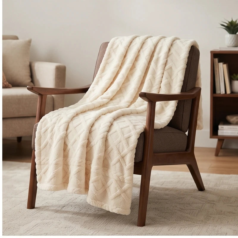 White fleece throw styled in a warm home setting - 2