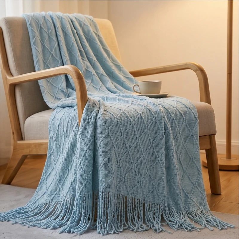 Blue Ridley Knitted Throw Blanket with Tassels lifestyle photo - 2