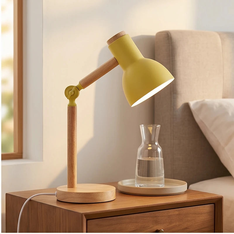 Yellow Creative Nordic Table Lamp Wooden Art LED Turn Head Simple Bedside Desk Light/Eye Protection Reading&Bedroom Study Lamp lifestyle photo - 2