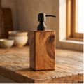 Vintage Wooden Soap Dispenser Black Pump, Solid Wood Frame, Refillable Liquid Soap Dispenser, Bathroom Kitchen Countertop Holder wooden frame styled in a warm home setting