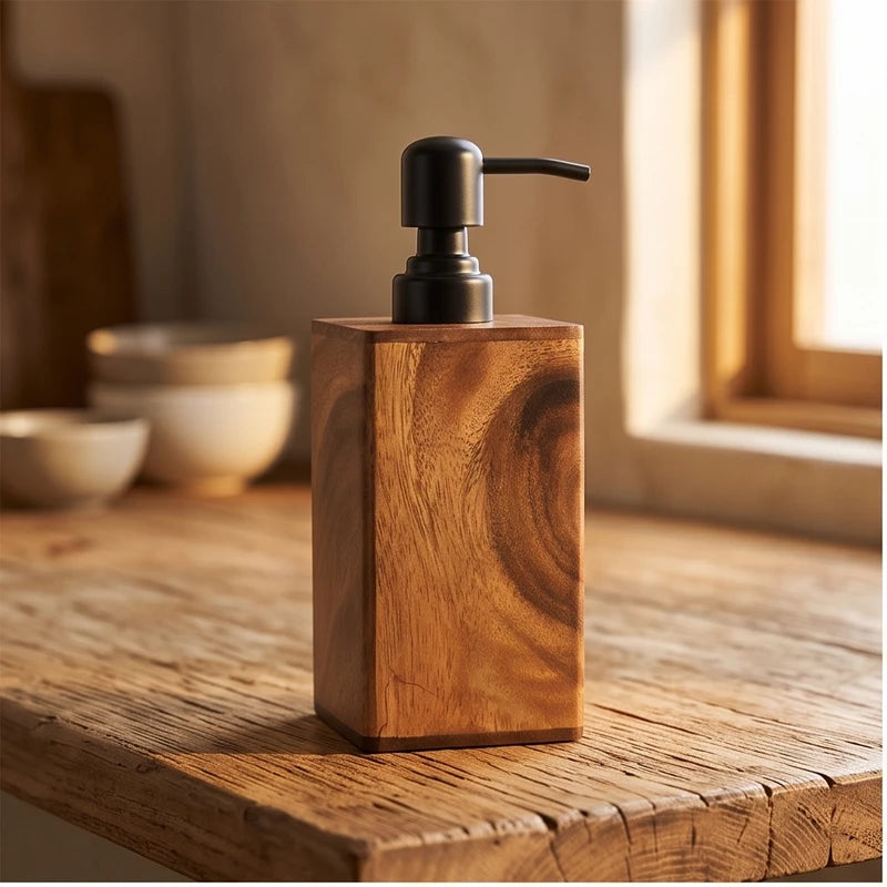 Vintage Wooden Soap Dispenser Black Pump, Solid Wood Frame, Refillable Liquid Soap Dispenser, Bathroom Kitchen Countertop Holder wooden frame styled in a warm home setting