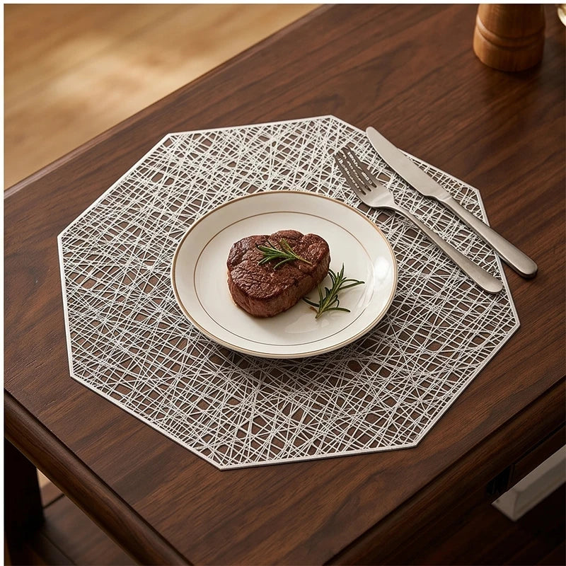 Silvery 1Pc Placemats Restaurant Hollow PVC Decoration Meal Mat Anti-hot Dining Table Line Mat Steak Plate Pad lifestyle photo - 4