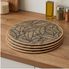 black 3 2/4/6/8pcs Bohemian Jute Printed Placemats with Faux Leather Edges, Heat Insulation Mats, Decorative Mats lifestyle photo - 2