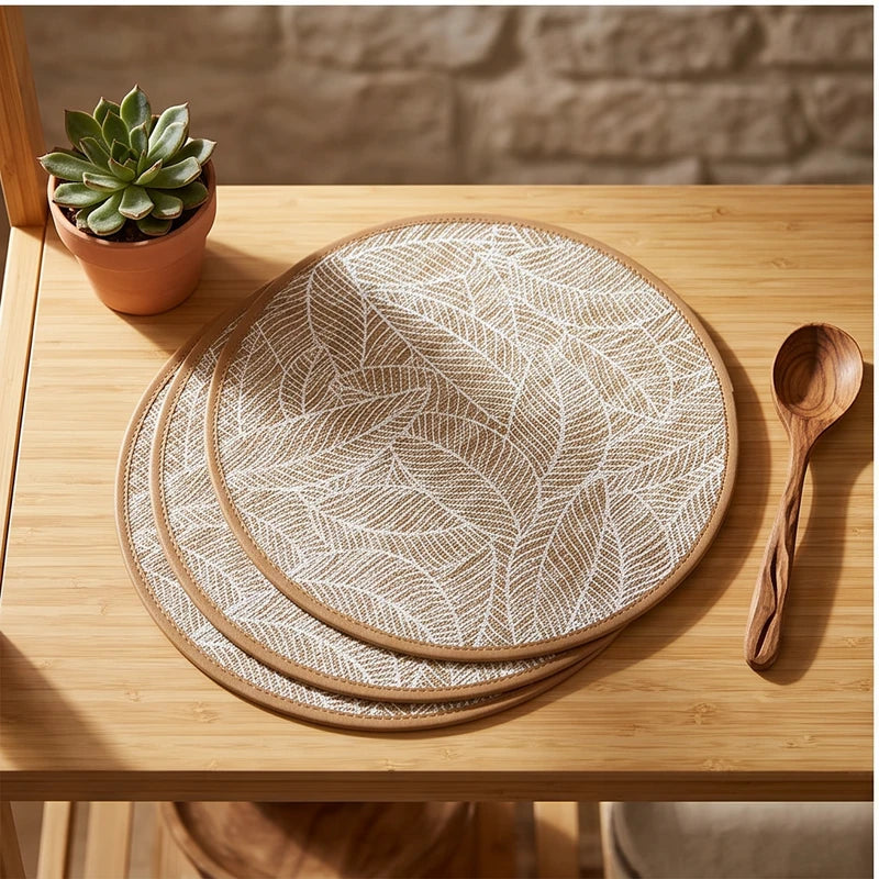 white 3 2/4/6/8pcs Bohemian Jute Printed Placemats with Faux Leather Edges, Heat Insulation Mats, Decorative Mats lifestyle photo - 3