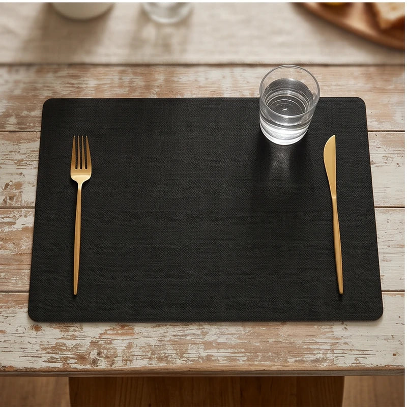 Black Dual-Sided PU Canvas Texture Placemat,Waterproof Heatproof 43x30cm Non-Slip Dining Table Mat,Washable for Home and Hotel Use lifestyle photo - 2