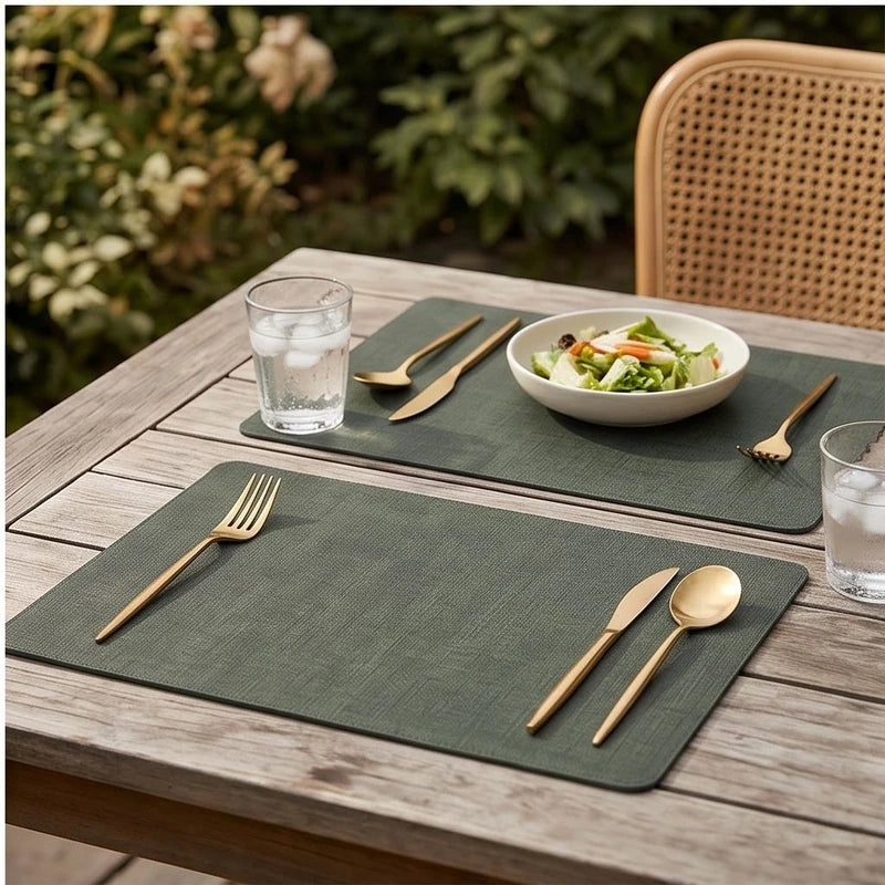 Green Dual-Sided PU Canvas Texture Placemat,Waterproof Heatproof 43x30cm Non-Slip Dining Table Mat,Washable for Home and Hotel Use lifestyle photo - 3