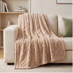 Khaki fleece blanket styled in a warm home setting