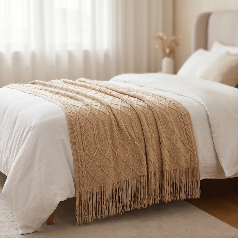 Khaki Ridley Knitted Throw Blanket with Tassels lifestyle photo