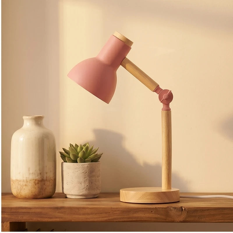 Pink Creative Nordic Table Lamp Wooden Art LED Turn Head Simple Bedside Desk Light/Eye Protection Reading&Bedroom Study Lamp lifestyle photo - 2