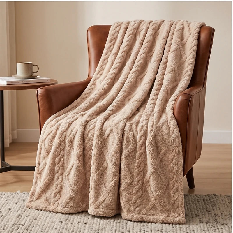 Khaki fleece blanket styled in a warm home setting - 3