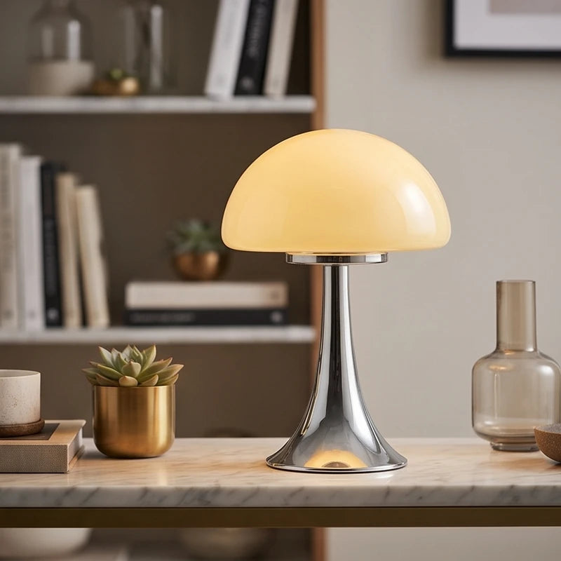 Mushroom-shaped table lamp with a glowing yellow glass shade and a polished chrome metal base on a marble surface.