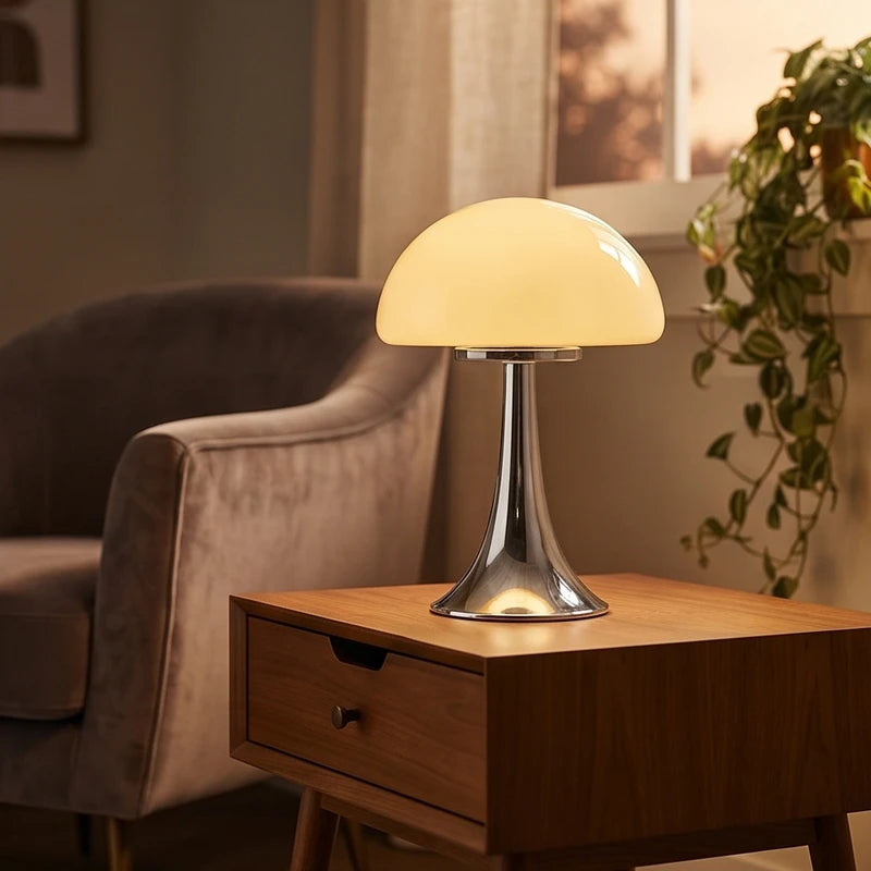 Glowing mushroom-shaped lamp with an opaque white glass shade and a shiny chrome base, on a wooden side table.
