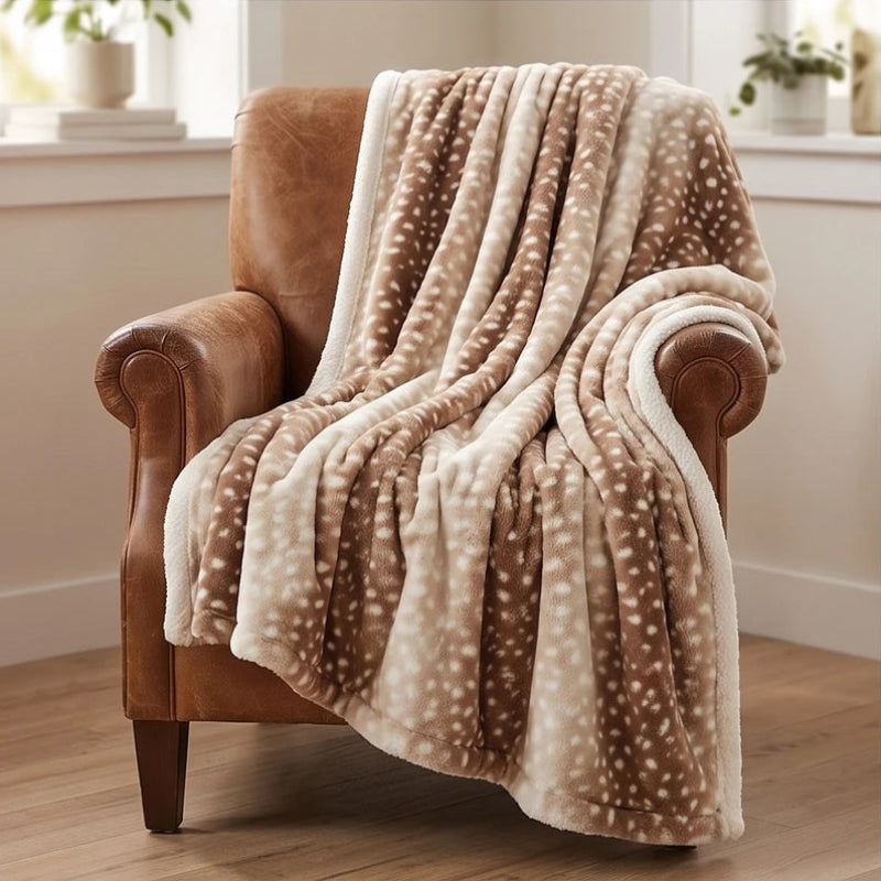 Plush fawn print throw blanket with white spots draped over a brown leather armchair in a cozy room setting.