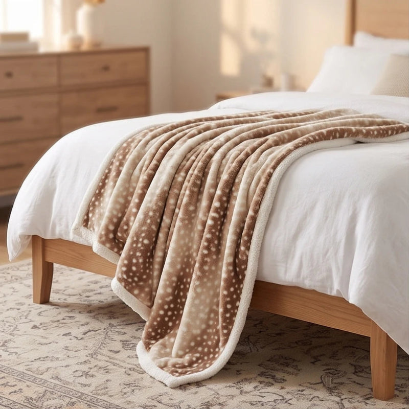 Fawn-printed blanket with a plush sherpa lining draped over a white-sheeted bed in a cozy bedroom.