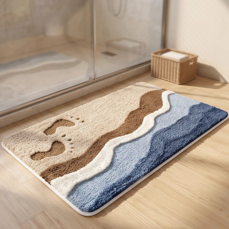 Plush beige, brown, and blue wave-patterned bath rug with two brown footprints, on a light wood floor.