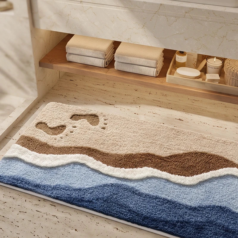 Textured bath rug with a beach design featuring beige sand, brown footprints, white foam, and blue waves.