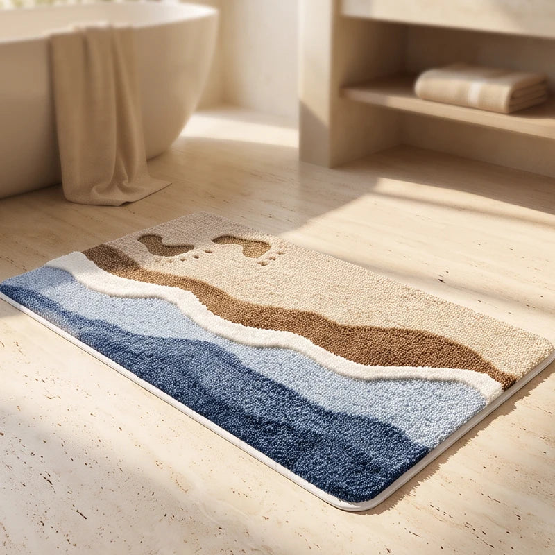 Rectangular bath rug with wavy stripes of beige, brown, light blue, and dark blue, featuring two textured footprints.