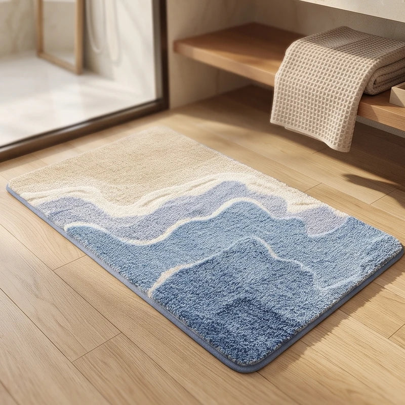 A plush rectangular rug in shades of blue and cream with a wavy abstract pattern on a light wood floor.