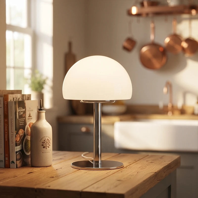 Illuminated table lamp with a white domed glass shade and a silver metal stand on a rustic wooden counter.
