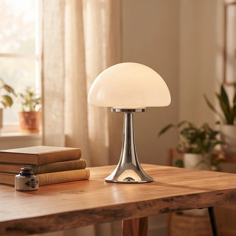 White mushroom-shaped table lamp with a glowing shade and a reflective silver base on a rustic wooden desk.